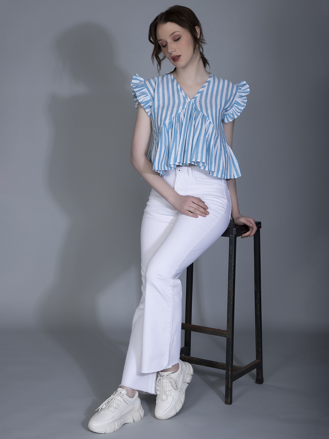M&H Easy Women Striped Flutter Sleeve Top