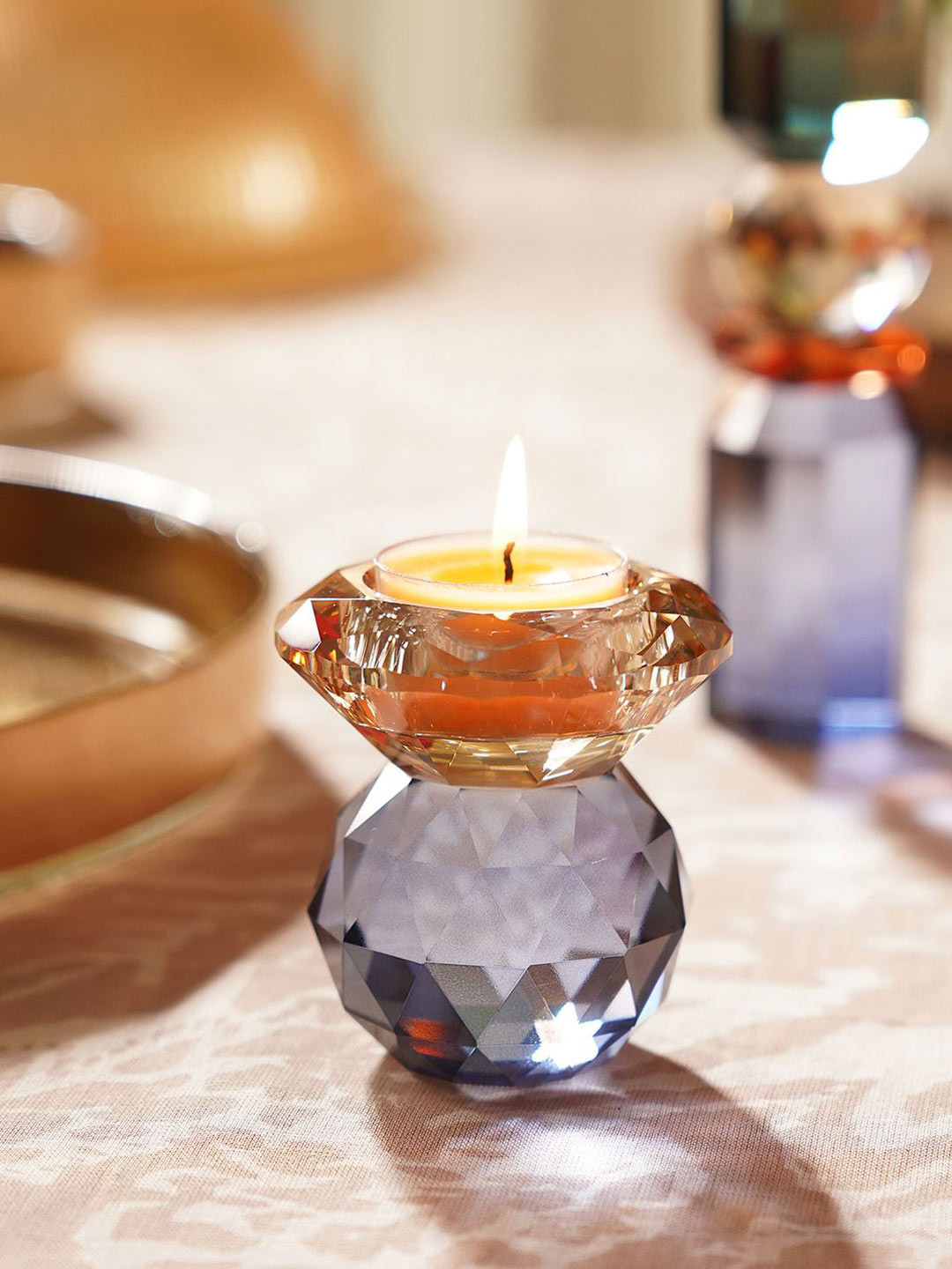 Pure Home and Living Brown & Blue Cut Glass Crystal Candle Holder