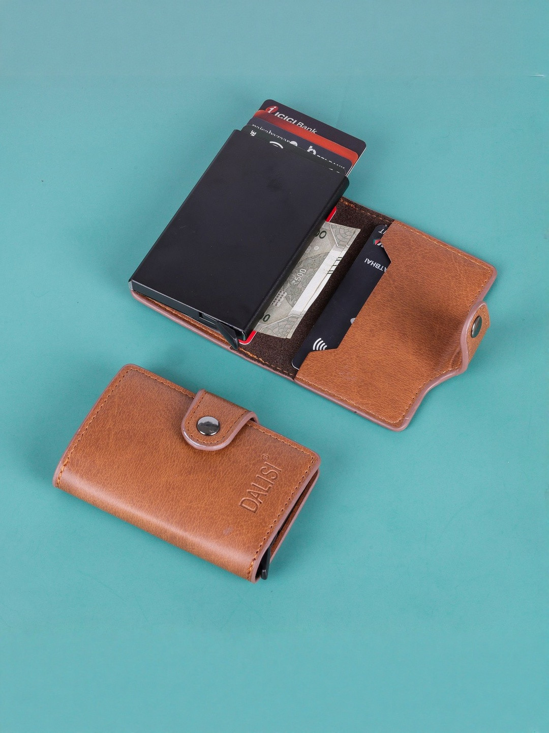 LAKSH Unisex Brown Zip Detail Leather Credit Card Holder Wallet