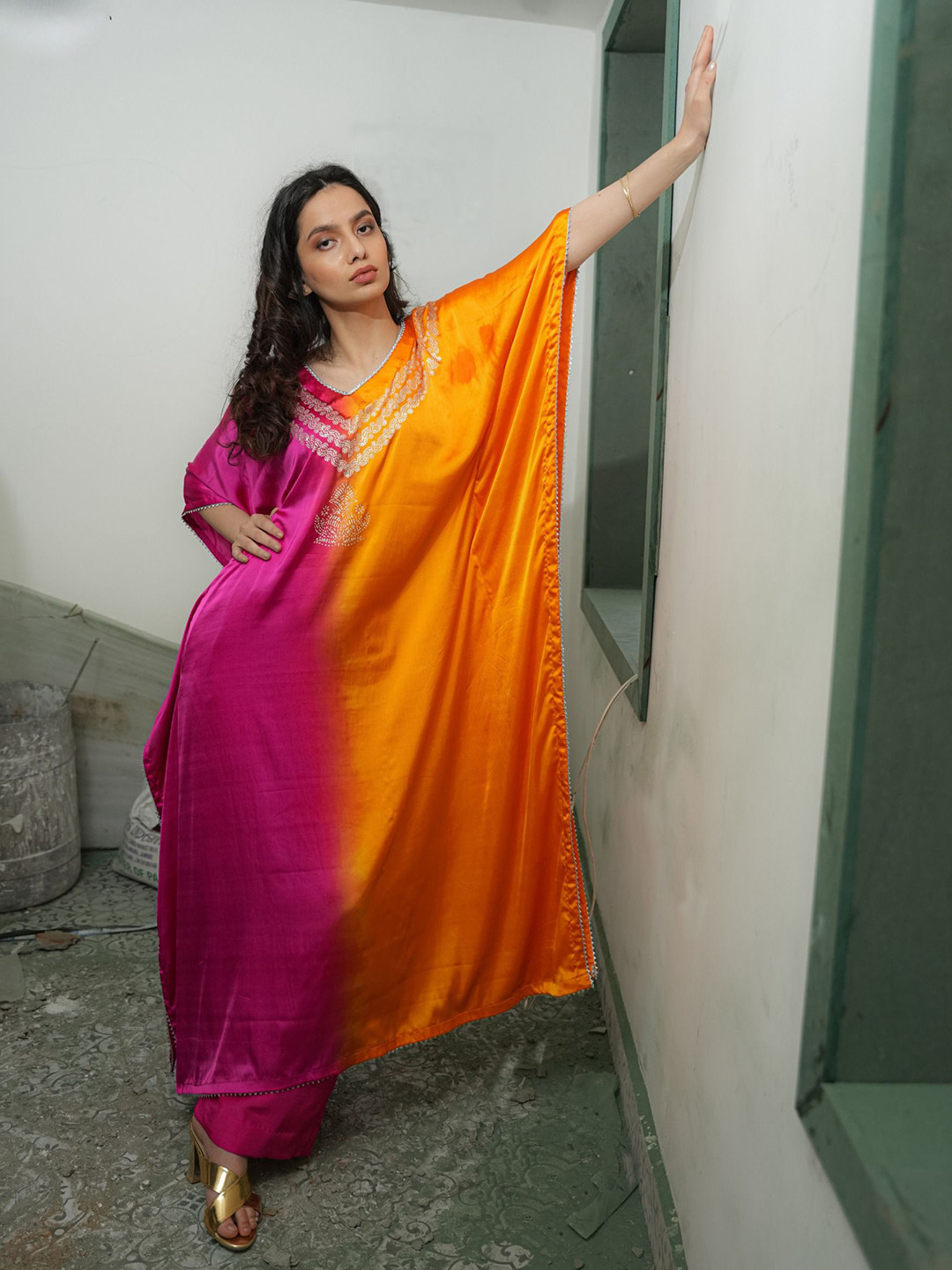 OCTOBER Magenta Mimosa Silver Embellished Organic Satin Kaftan