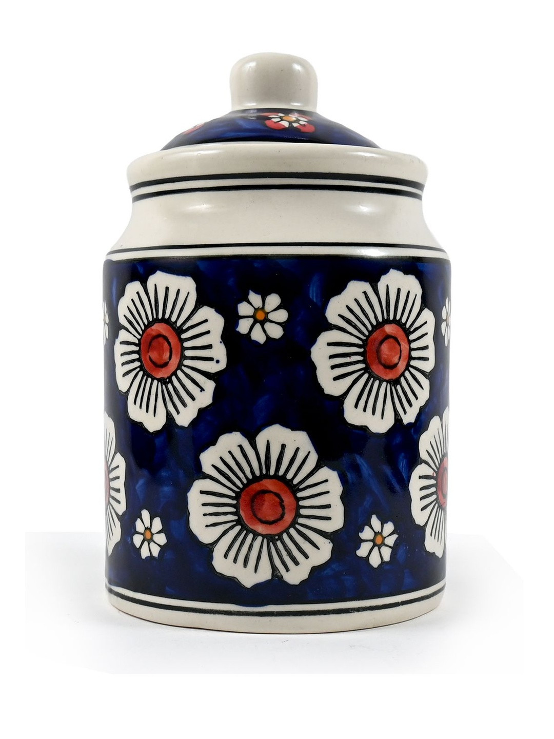 Amoorcart Off White And Blue Hand-Painted Ceramic Container With Lid- 350 Ml