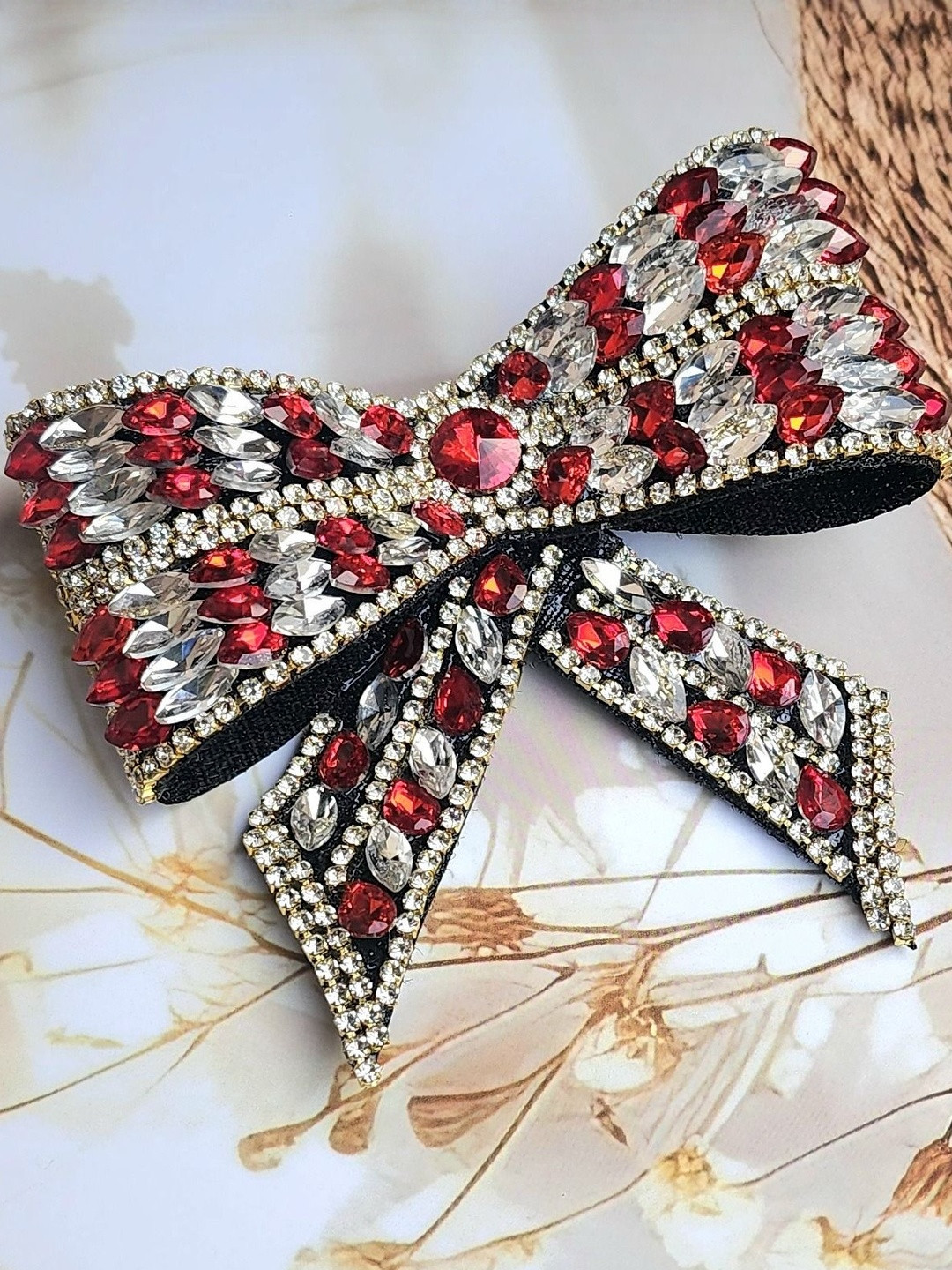 DIVASTRI Women Embellished Alligator Red & Silver Crystal Bow Hair Clip