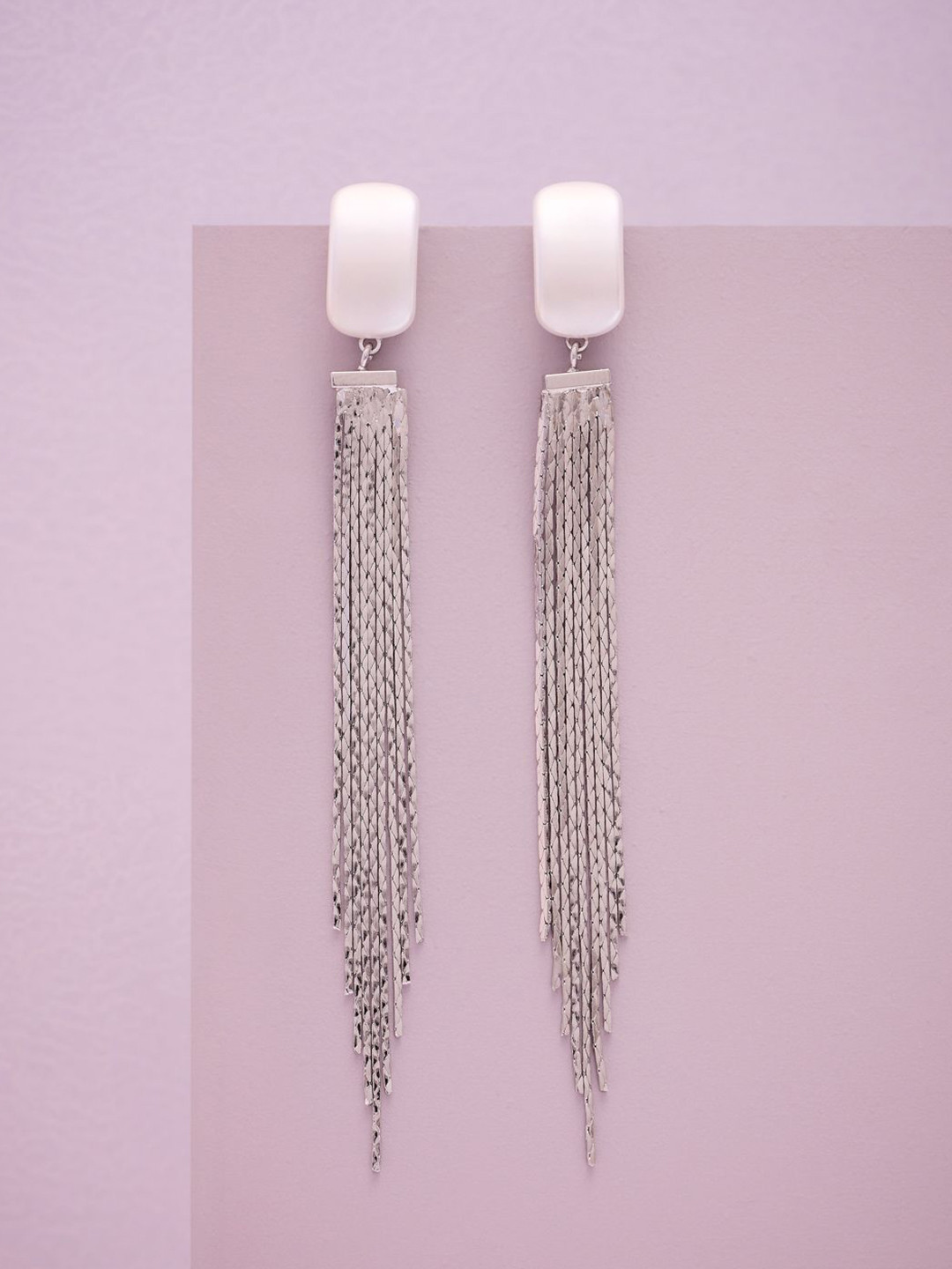 Kushal's Fashion Jewellery Rhodium-Plated Zircon Rectangle Shaped Drop Earrings