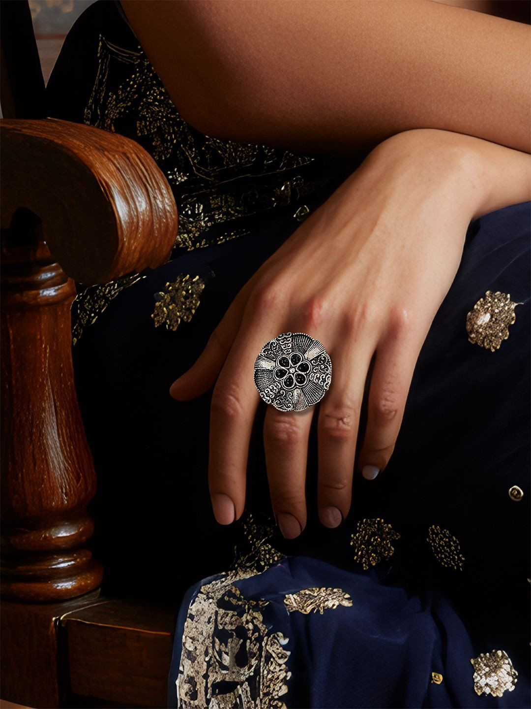 Kalakrith Milano Oxidised Silver Crystals Studded Finger Ring