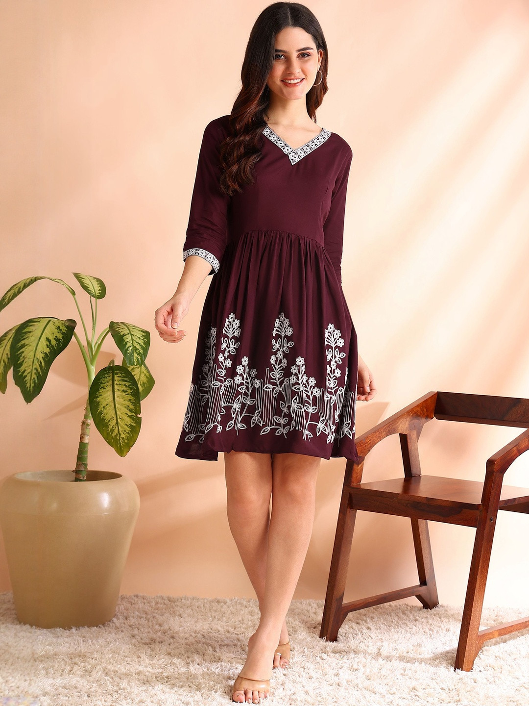 Moda Rapido Women Maroon Embroidered Viscose Rayon Fit and Flare Dresses