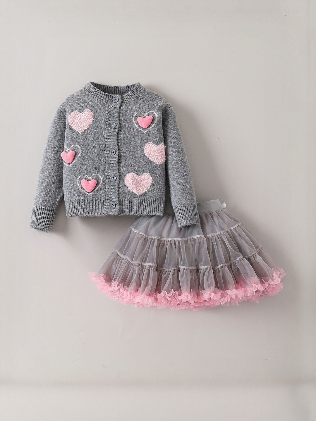 Hopscotch Girls Grey 2 Piece Heart Applique Sweater & Skirt