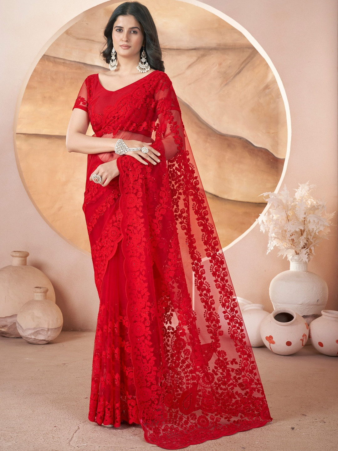 Anouk Red Embroidered Net  Sarees