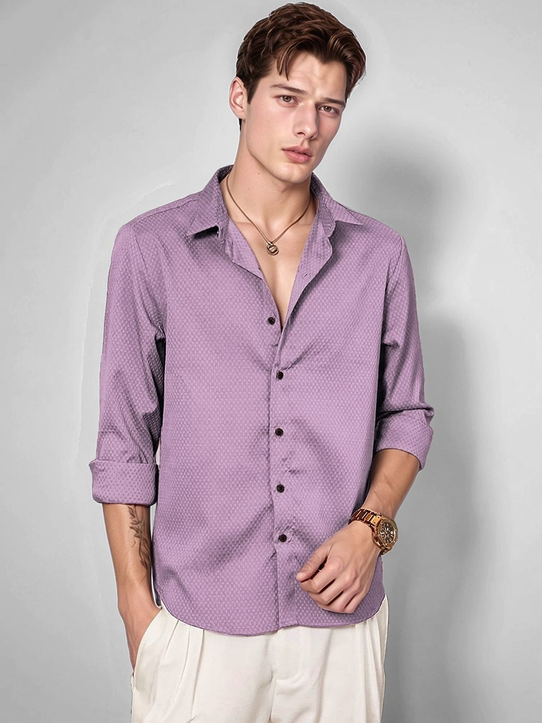 SZN Men Textured Purple Regular Fit Casual Shirt