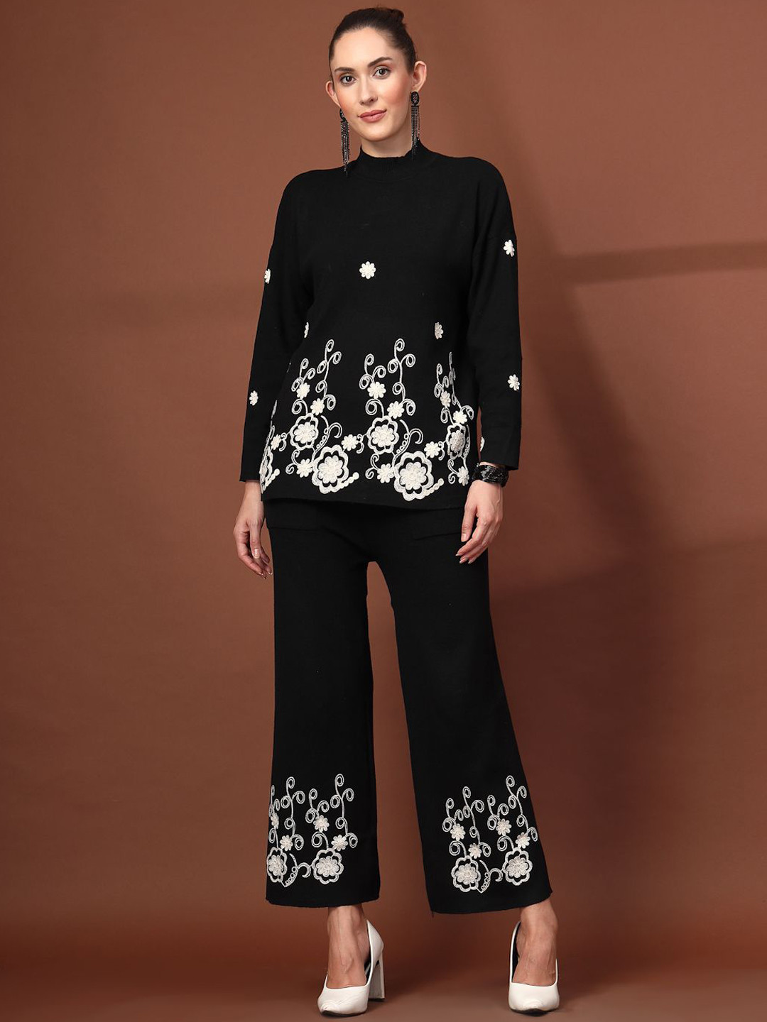 Mafadeny Mock Neck Set with Floral Embroidered Top & Pant