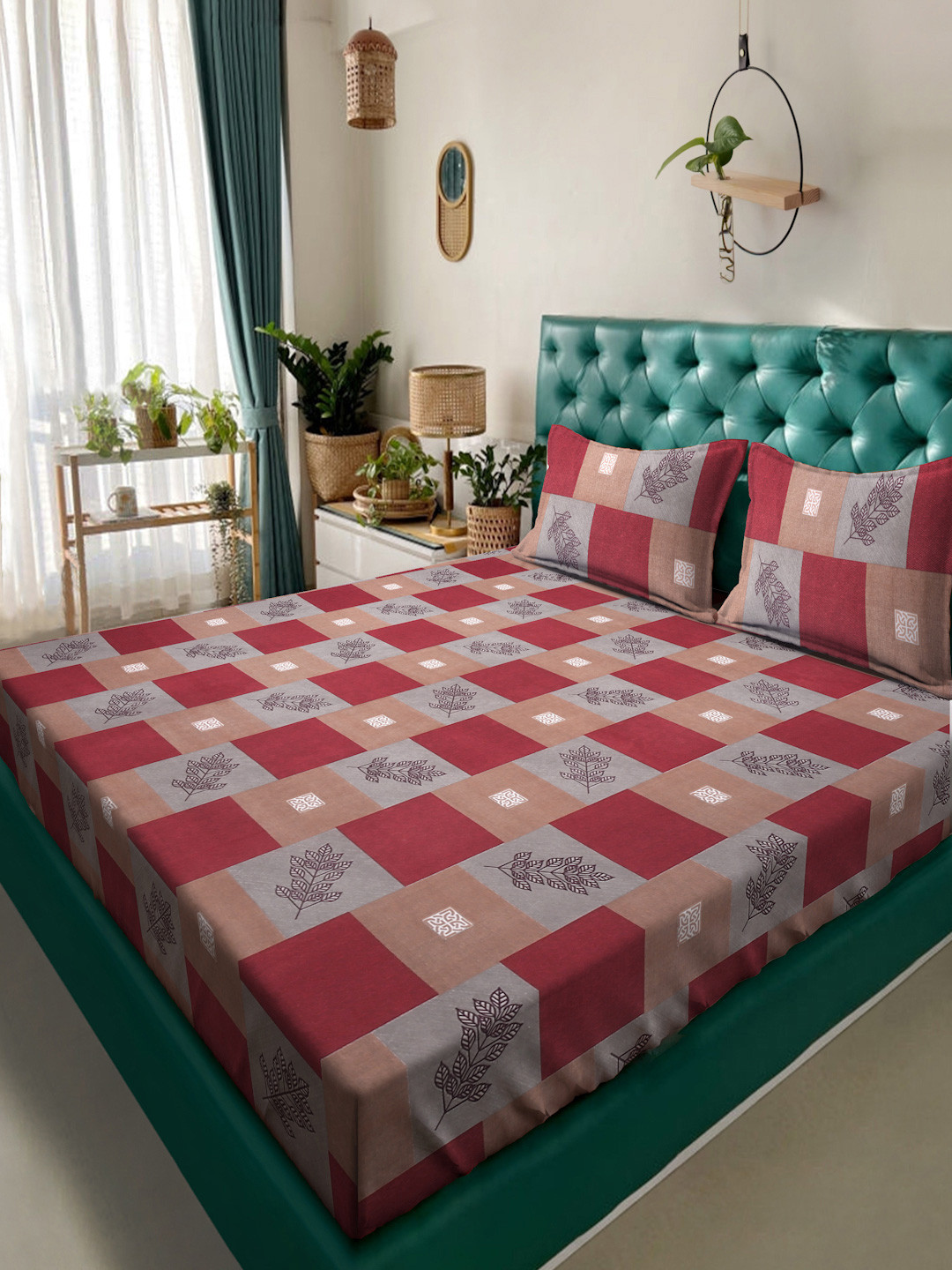 Myntra Elegant Homes Book Fold Red Printed 300 TC Fitted King Bedsheet Set 2.5m x 2.25m
