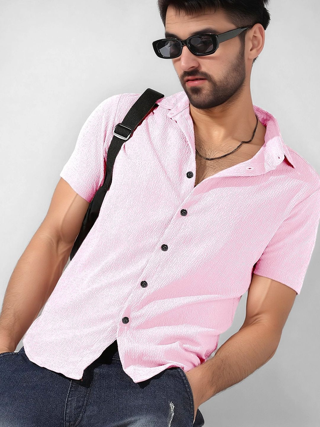 SZN Men Pink Textured Polyester Casual Shirt