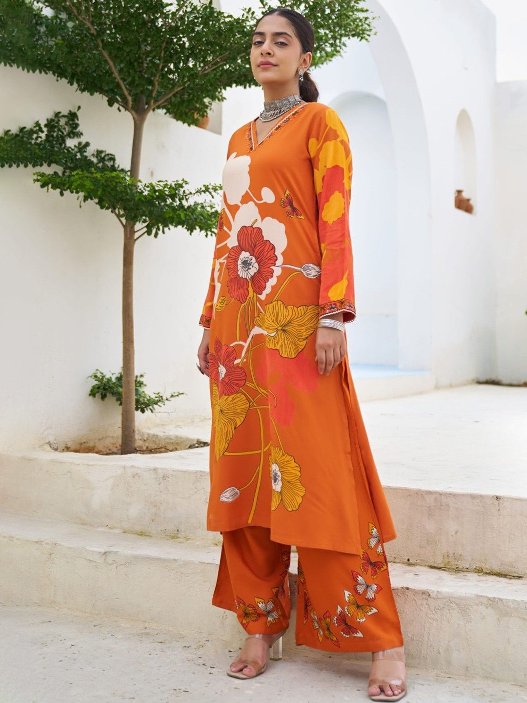 AUTUMN LANE Sonpal Apricot Floral Printed Thread Work Pure Cotton Kurta With Palazzos
