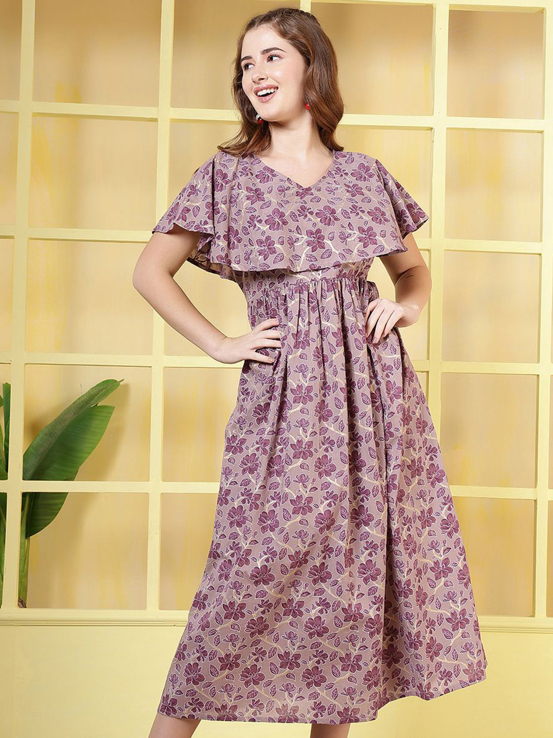 Nayo Women Floral Printed Cape Sleeves V-Neck Pleated Detail Fit & Flare Midi Dress