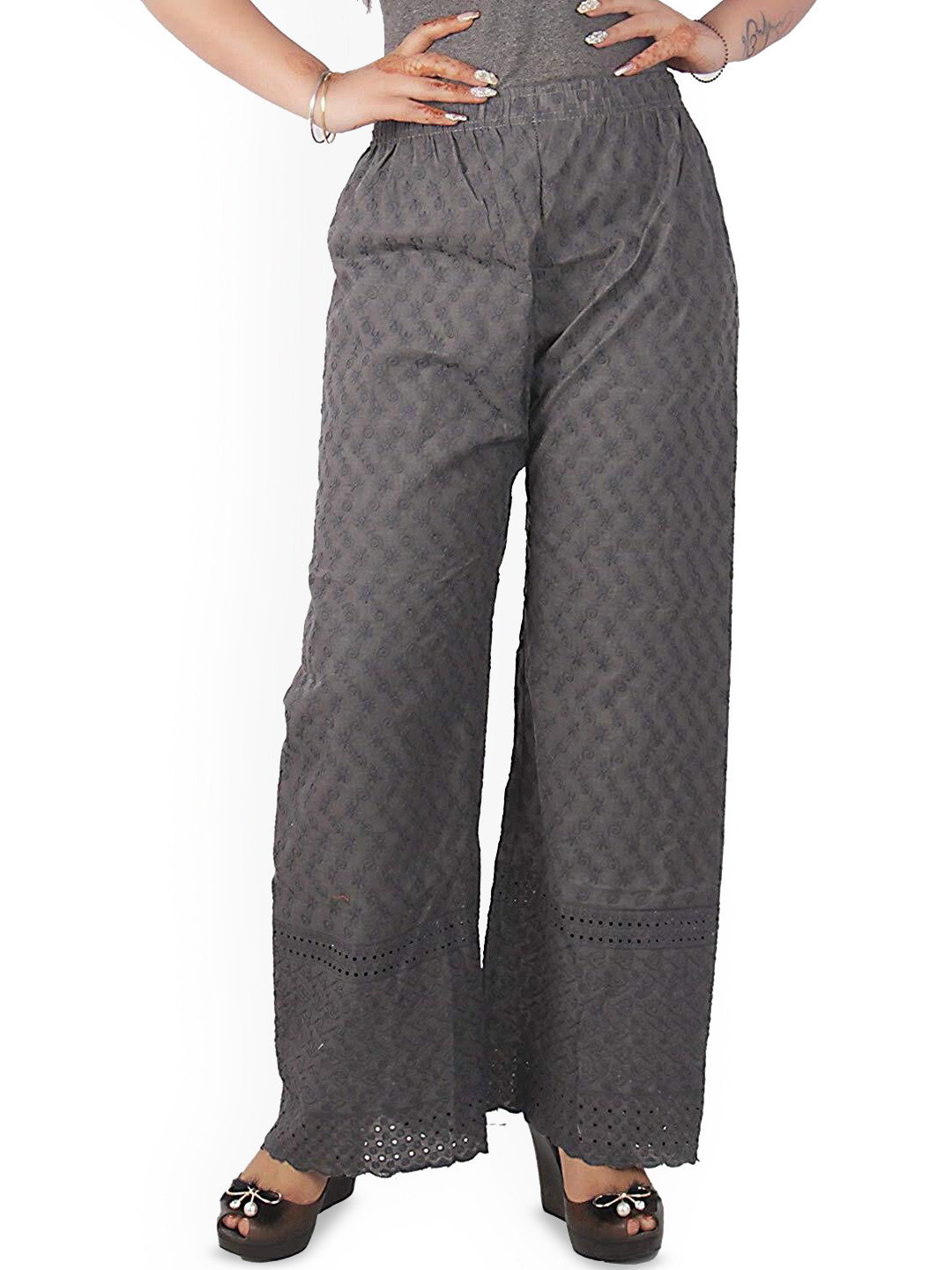 MIXFIT Women Floral Embroidered Relaxed Fit High-Rise Ctton Trousers