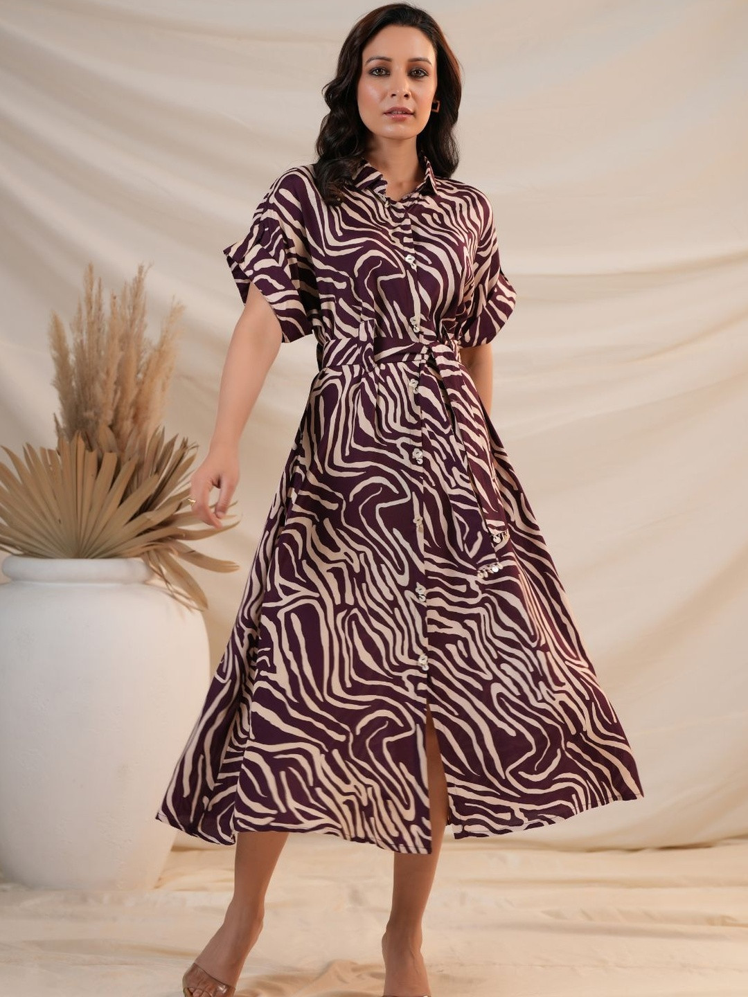 KALINI Women Violet Printed Silk Fit and Flare Dresses