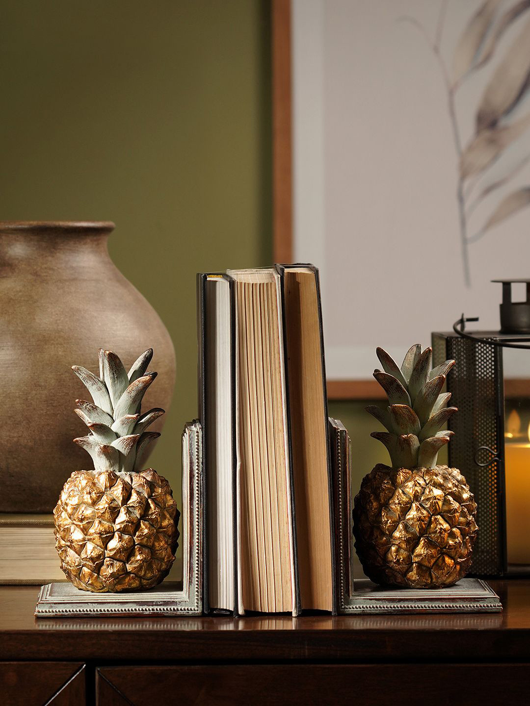 Pure Home and Living Gold-Toned & Green Pineapple Bookends Showpiece