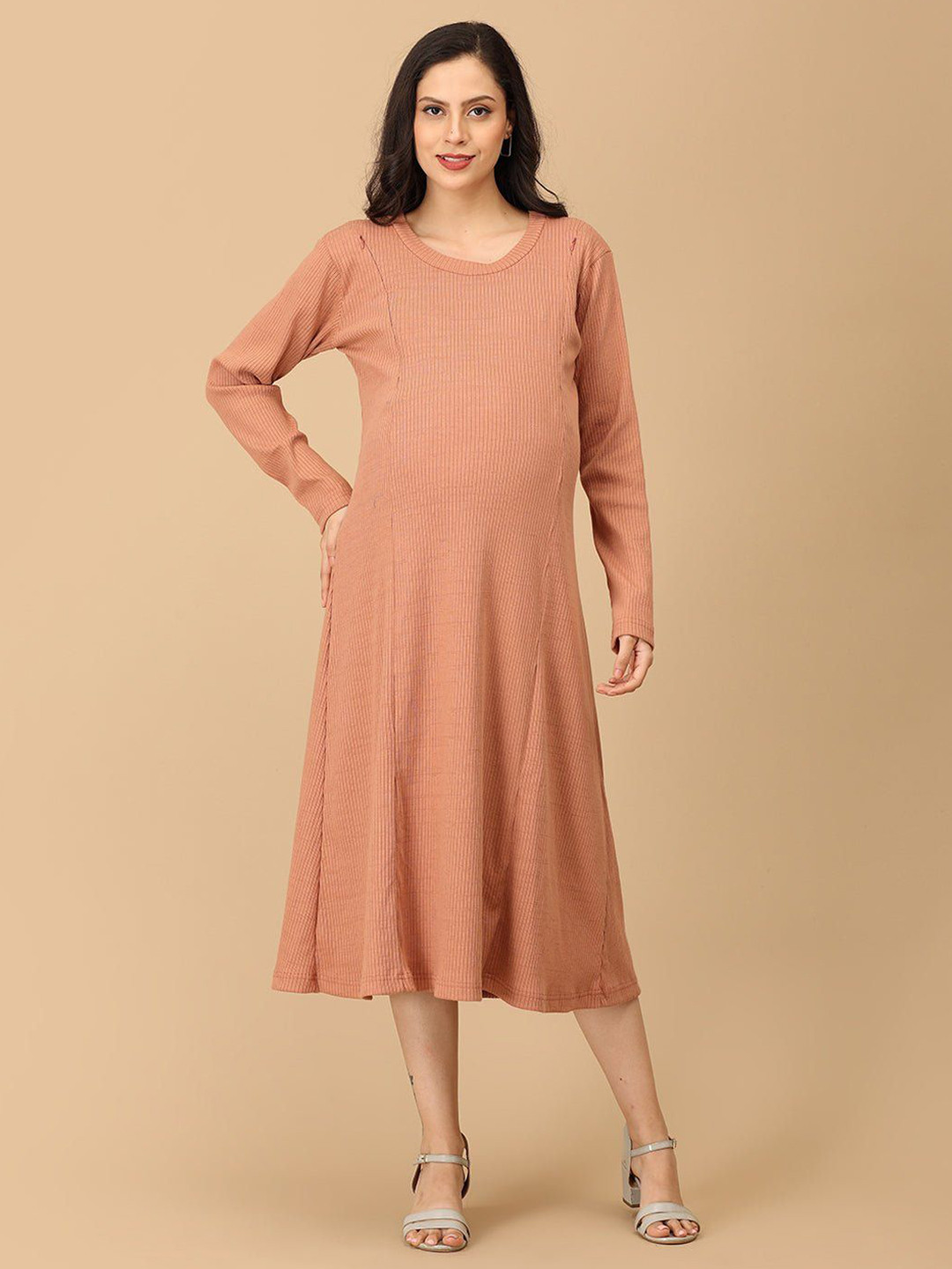 The Mom Store Women A-Line Ribbed Maternity Cotton Midi Dress