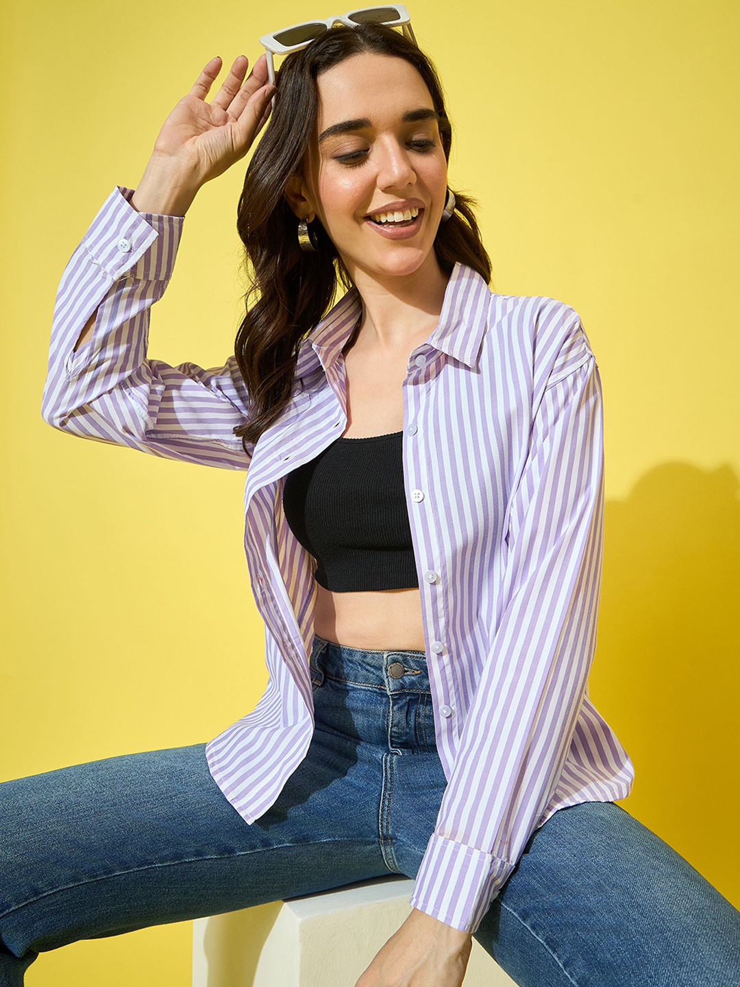 BUY NEW TREND Women Relaxed Oversized Fit Vertical Striped Cotton Casual Shirt