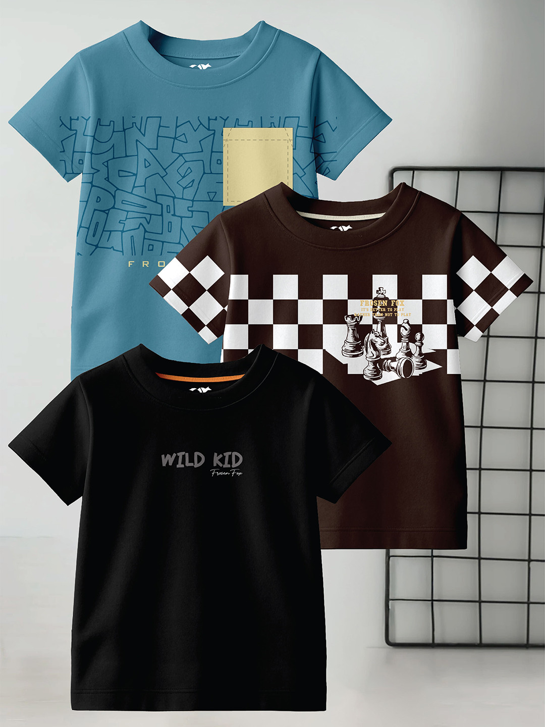 FROSEN FOX Boys Pack of 3 Typography Printed Round Neck Pure Cotton T-shirts