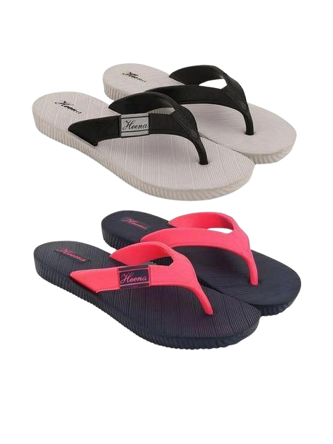 Heenaplus Women Set of 2 Grey & Blue Colourblocked EVA Slip-On Flip Flops