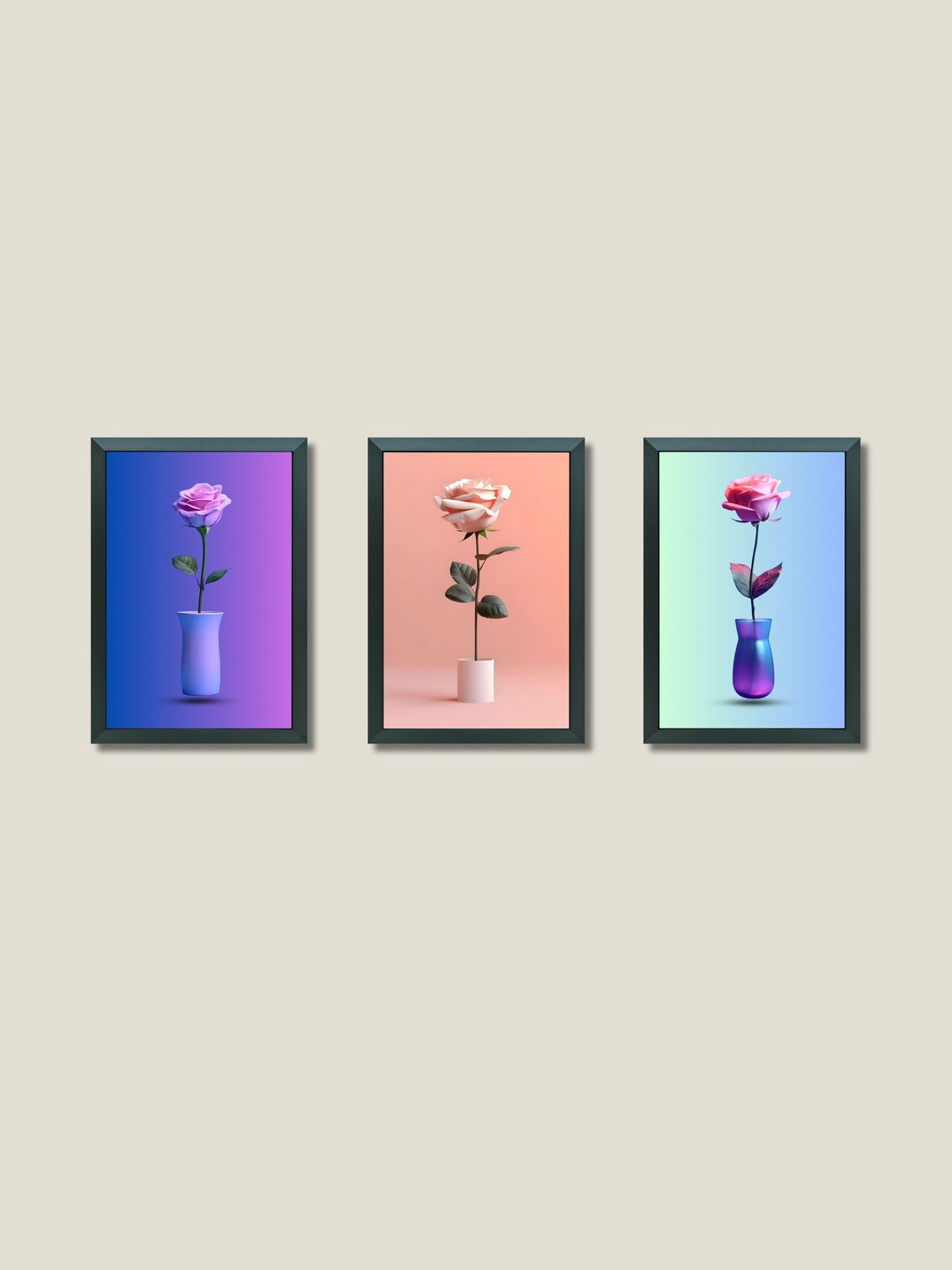 Aisha Decorz Set of 3 Piece Multicoloured Synthetic Wood Floral Wall Paintings