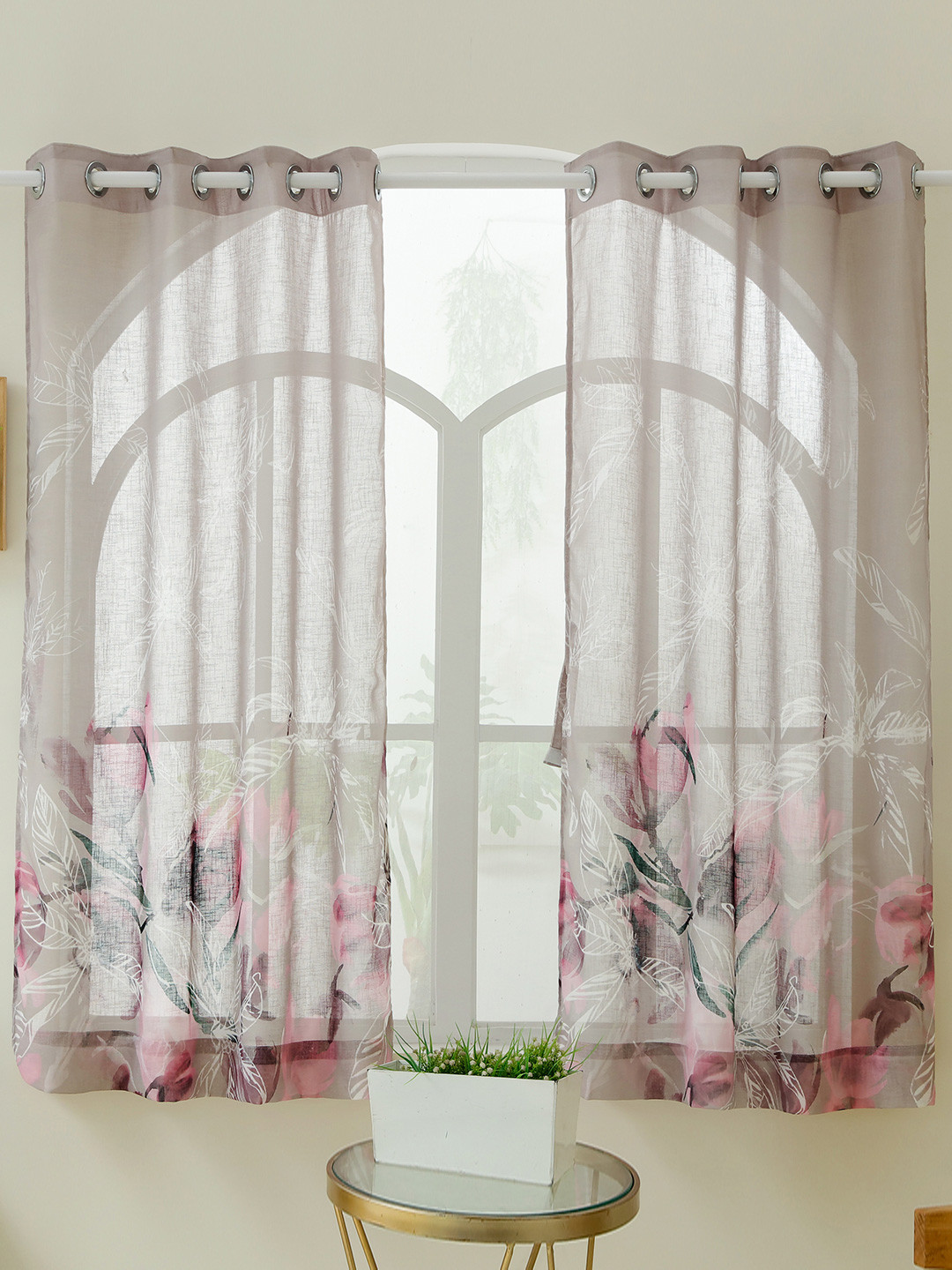 Story@home Grey & Purple Set of 2 Floral Sheer Window Curtain