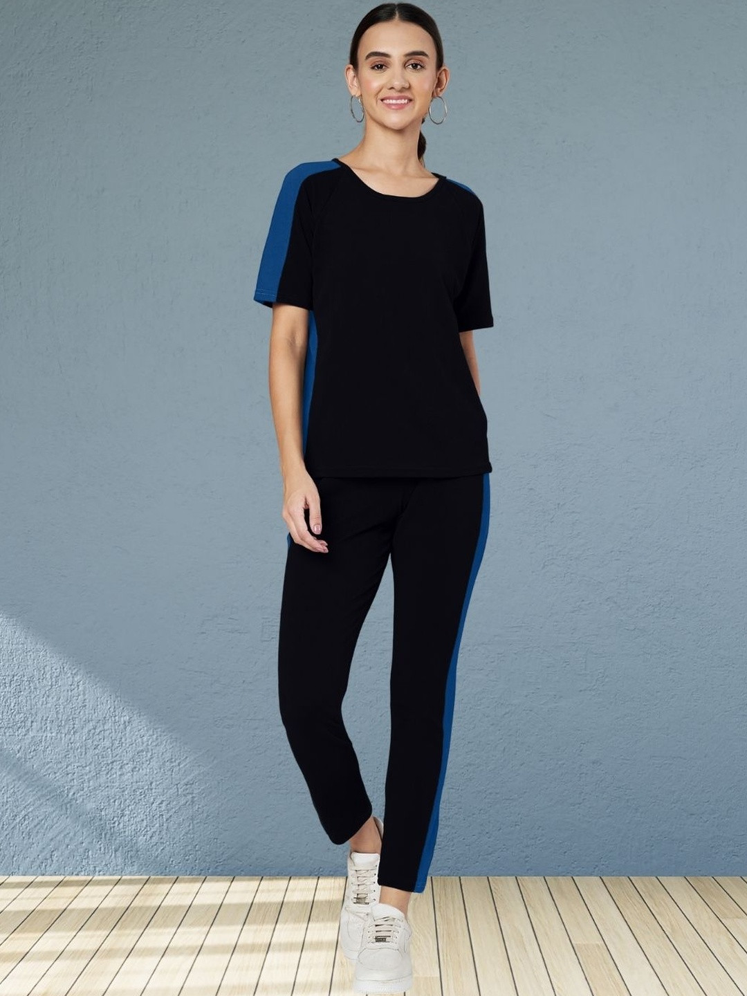 Moda Rapido Women Black Cotton Lycra Blend Side Taped Track Suit