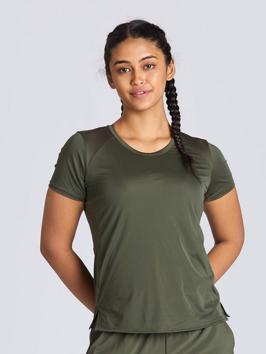 Decathlon Women Khaki Green Close Fitted Crew Neck Short Sleeved T-Shirt Run 500