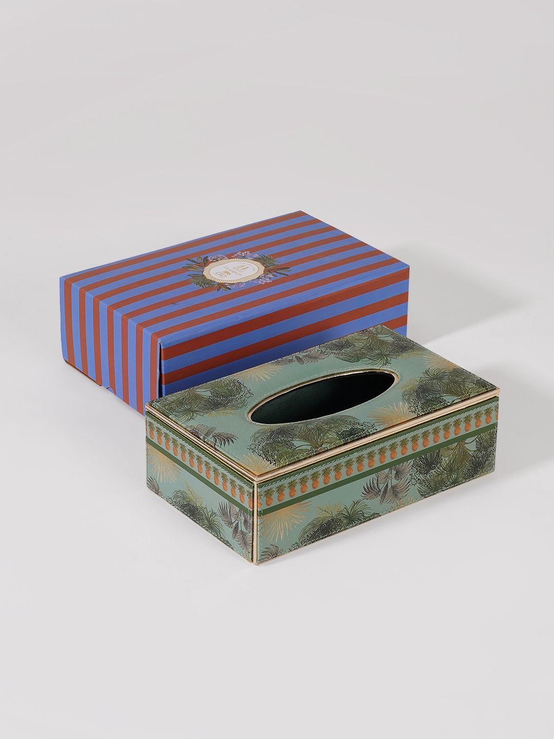 Pure Home and Living Green & Orange-Colored Como Printed Faux Leather Tissue Box