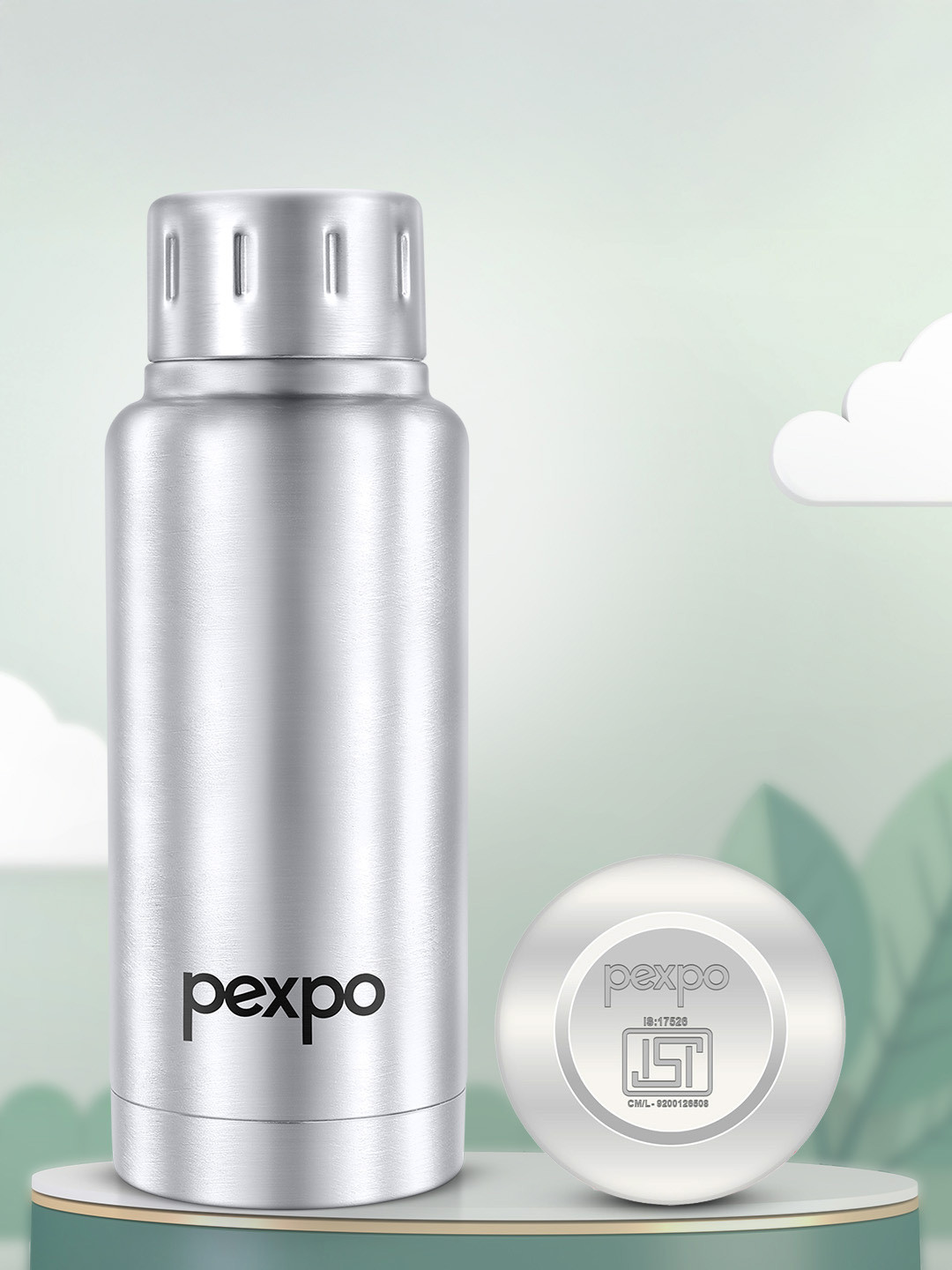 Pexpo Cameo Silver Solid Stainless Steel Spill Proof Flask - 300ml