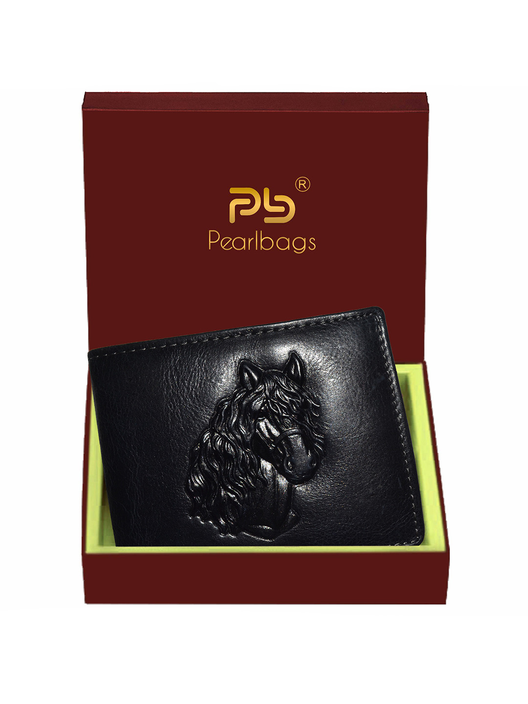 PB Pearlbags Men Genuine Leather Tri- Fold 7 Card Slots Horse Engraved Wallet