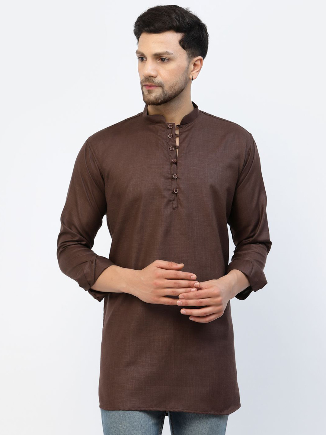 TS LIFESTYLE Mandarin Collar Roll-Up Sleeves Cotton Kurta