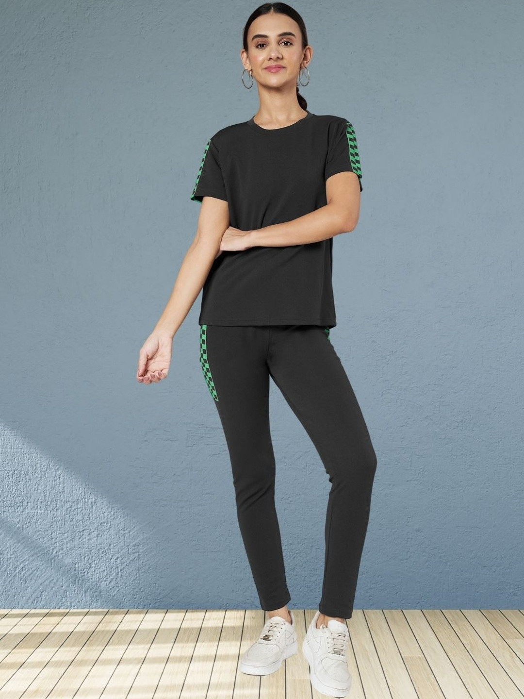 Moda Rapido Women Black Cotton Lycra Blend Checkered Print Tracksuit