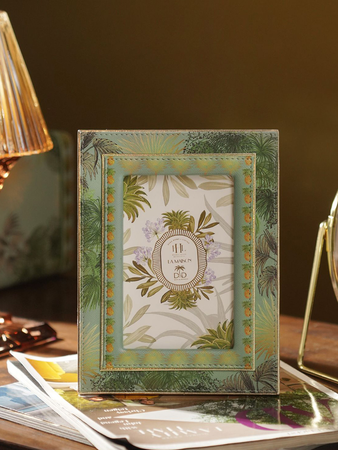 Pure Home and Living Green & White Printed Faux Leather Table Photo Frame