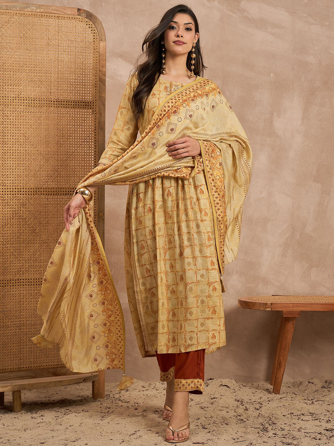 CHETI Women Mustard Raw Silk Printed High Slit Kurti Set With Trousers & Dupatta