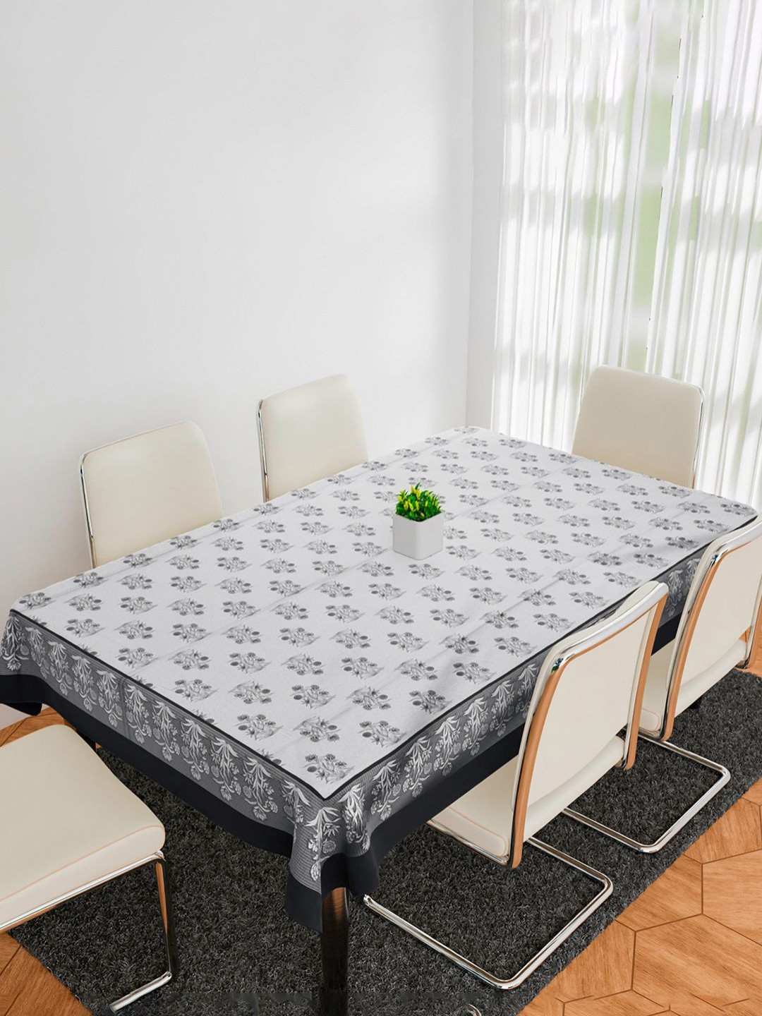 Aura White Blue & Black Floral 6-Seater Rectangle Anti-Skid Table Cover