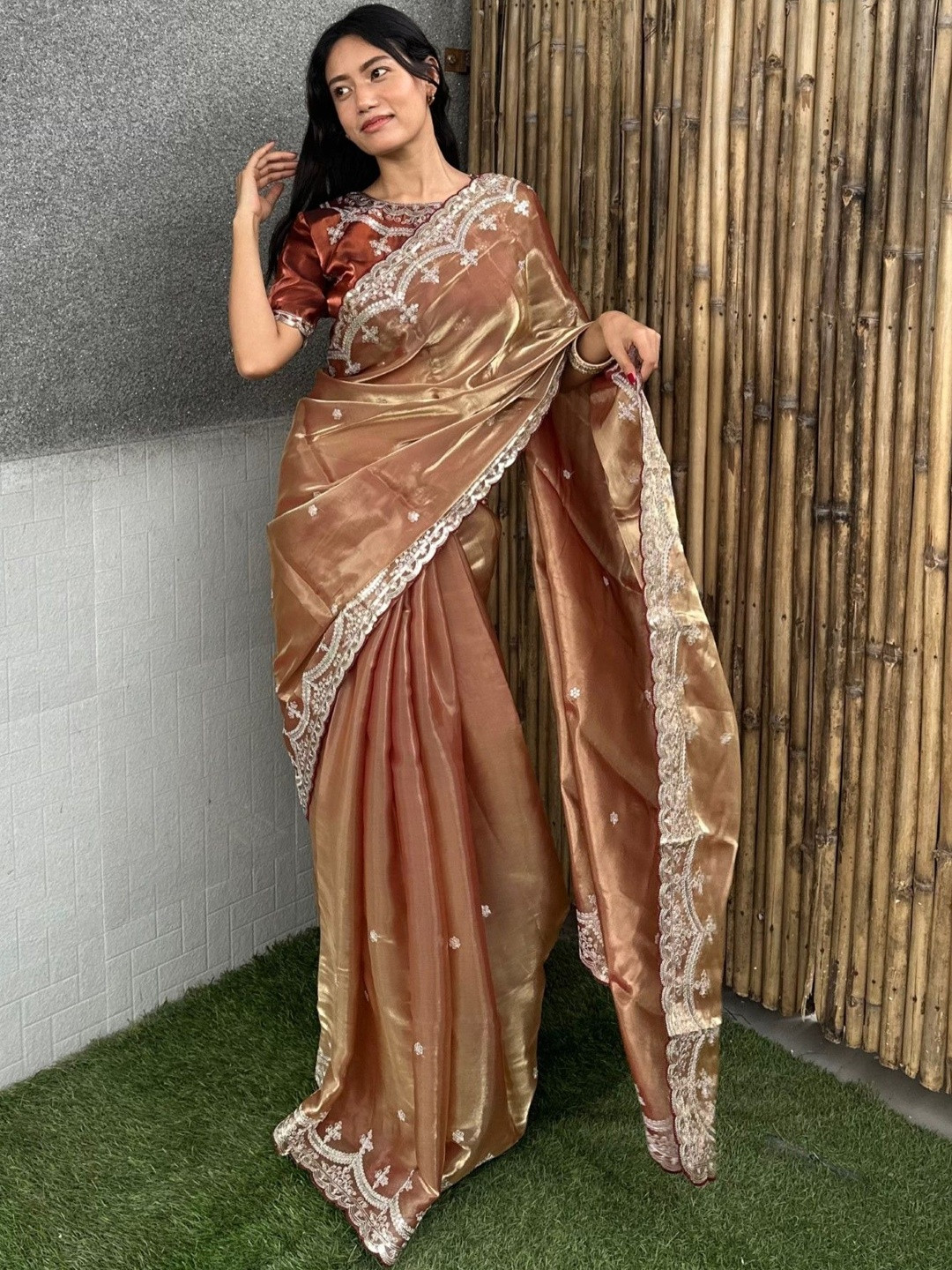 KALINI Beige Embroidered Satin  Sarees