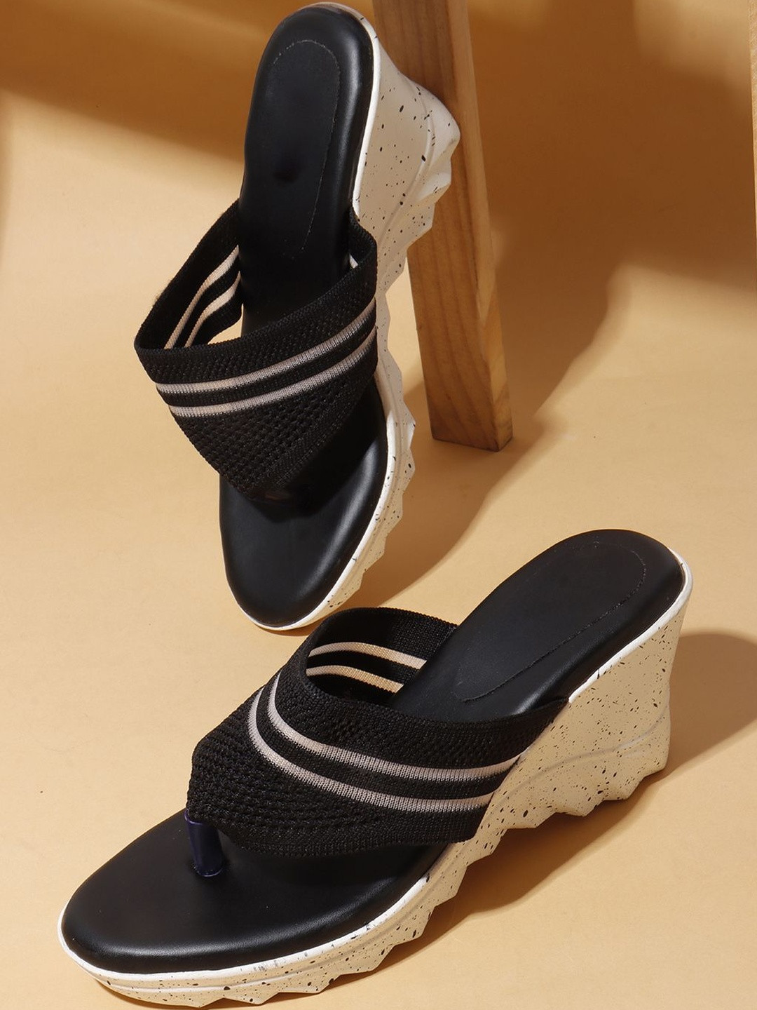 Kook N Keech Women Black Woven Design Synthetic Open Toe Wedge Sandals