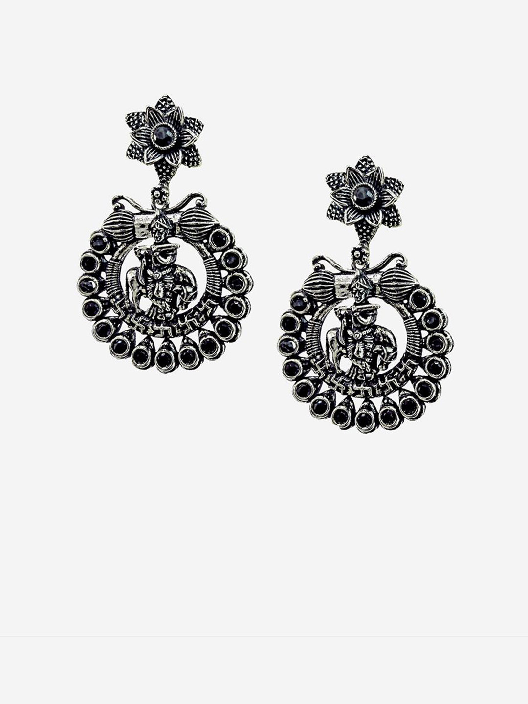 Kalakrith Milano German Silver Textured Oxidized Floral Shaped Drop Earrings