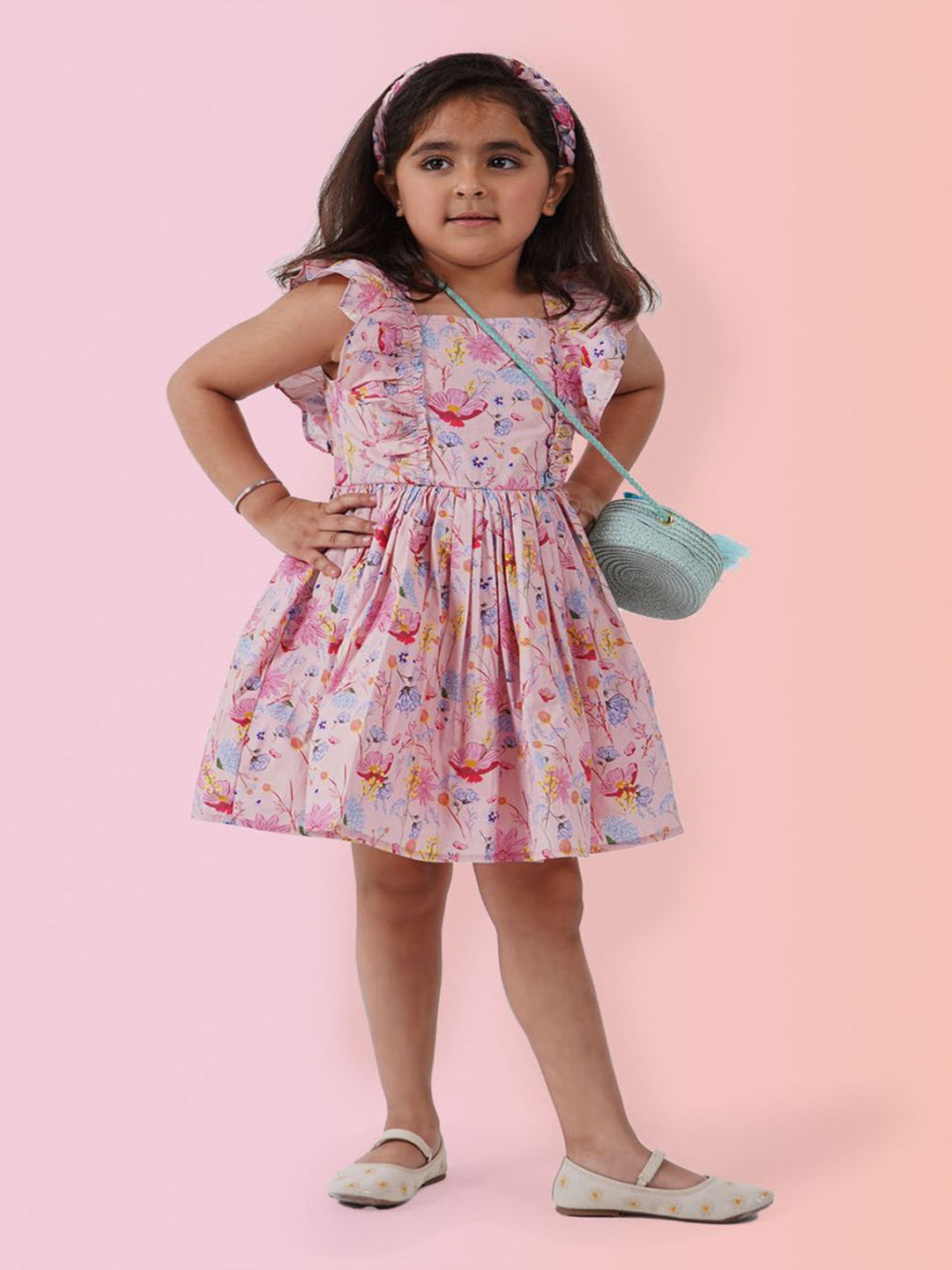 LH LUXURY FASHION Girls Floral Printed Smocked Flutter Sleeve Cotton Fit & Flare Dress