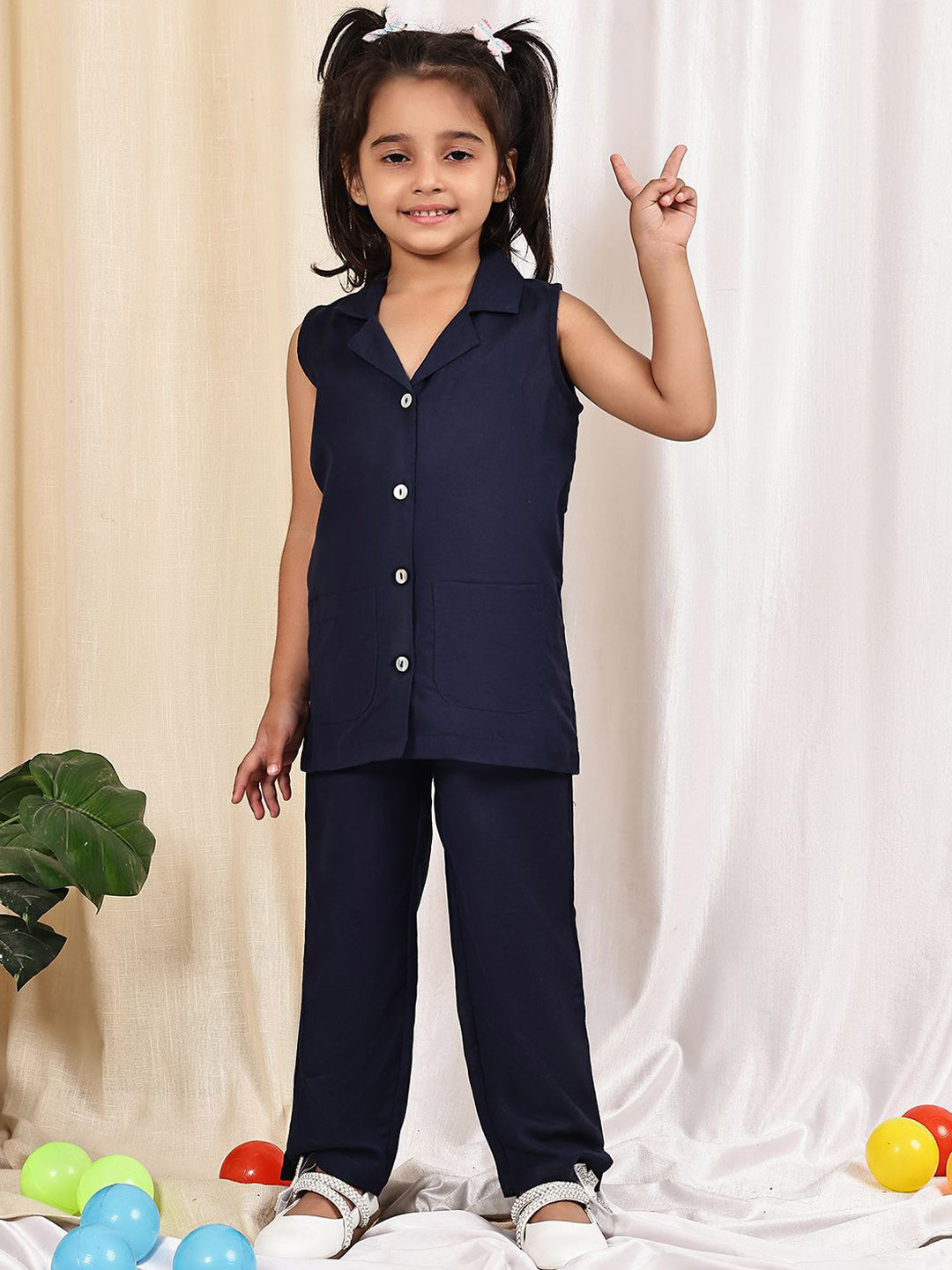 thkgrlz Girls Linen Shirt Collar Top With Trousers