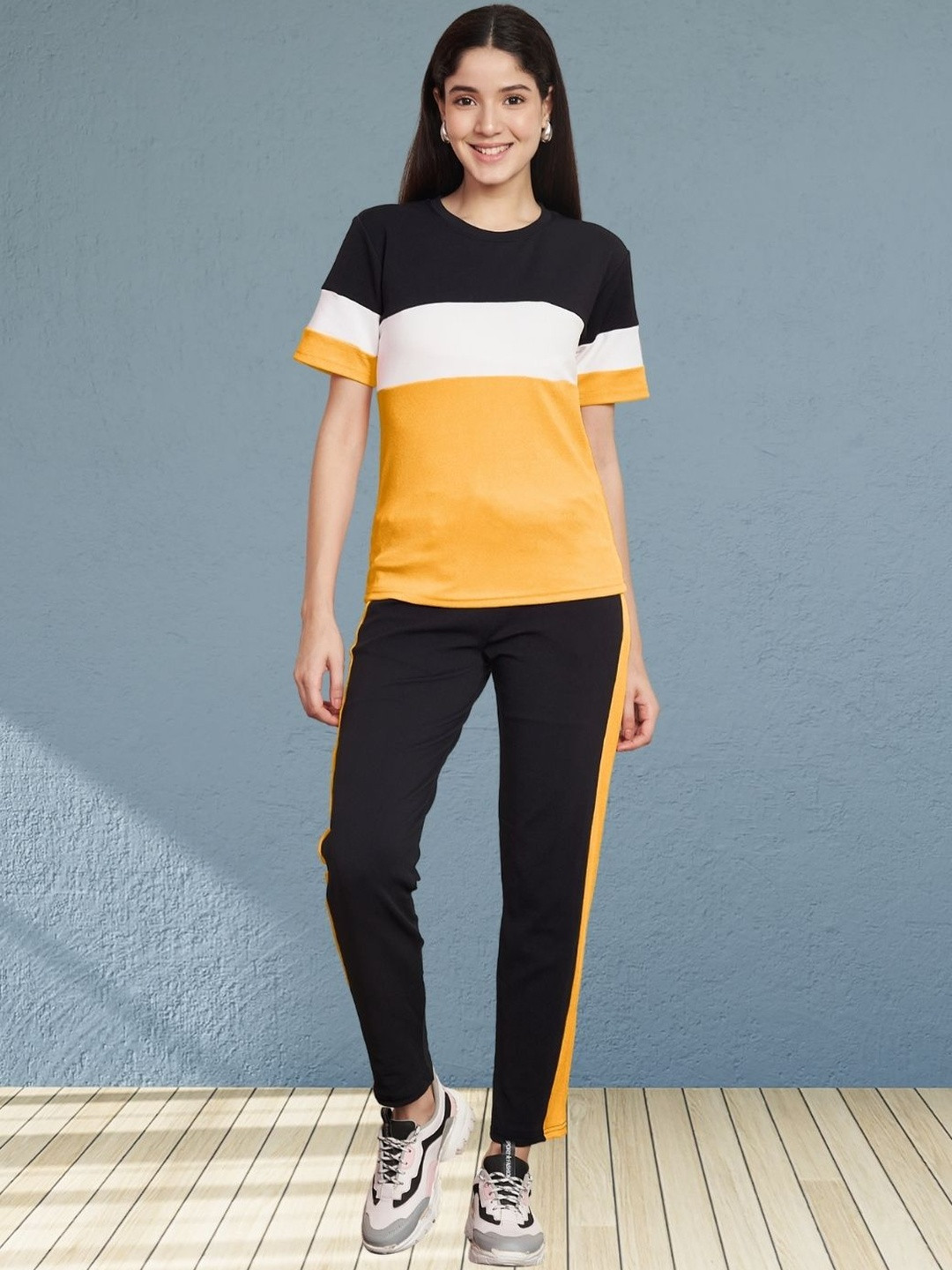 Moda Rapido Women Yellow Cotton Lycra Blend Front Taped Tracksuit