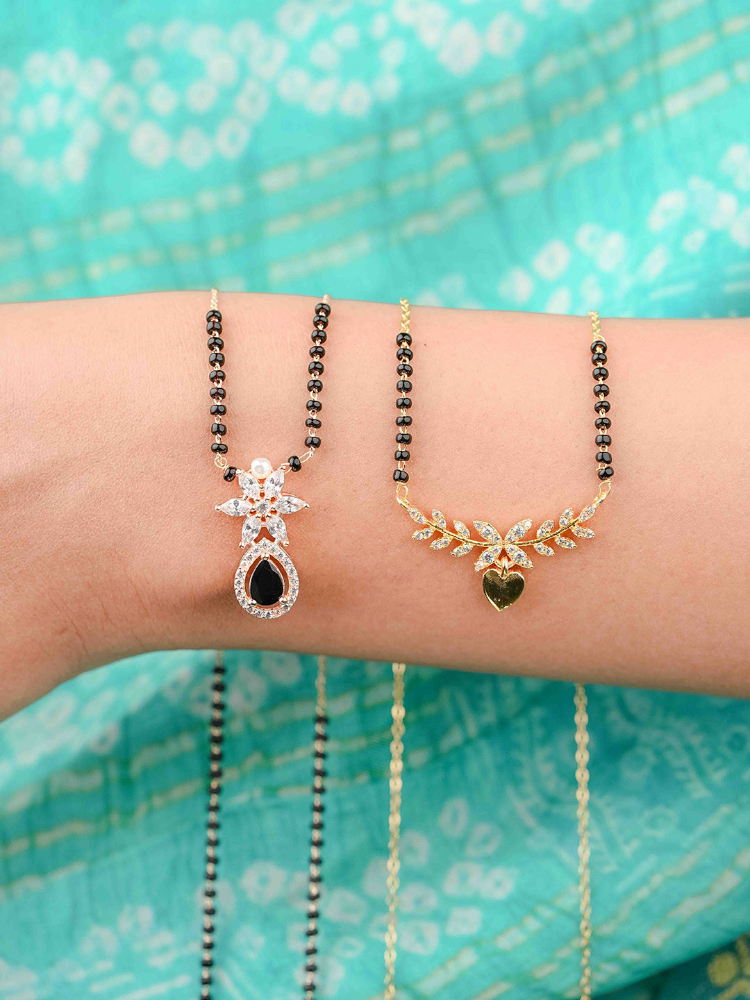 Zeraki Jewels Nora & Ahana Set of 2 Gold-Plated Stone Studded & Beaded Mangalsutras