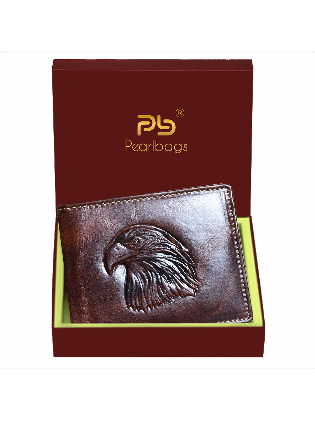 PB Pearlbags Men Genuine Leather Bi- Fold 6 Card Slots Eagle Engraved Wallet