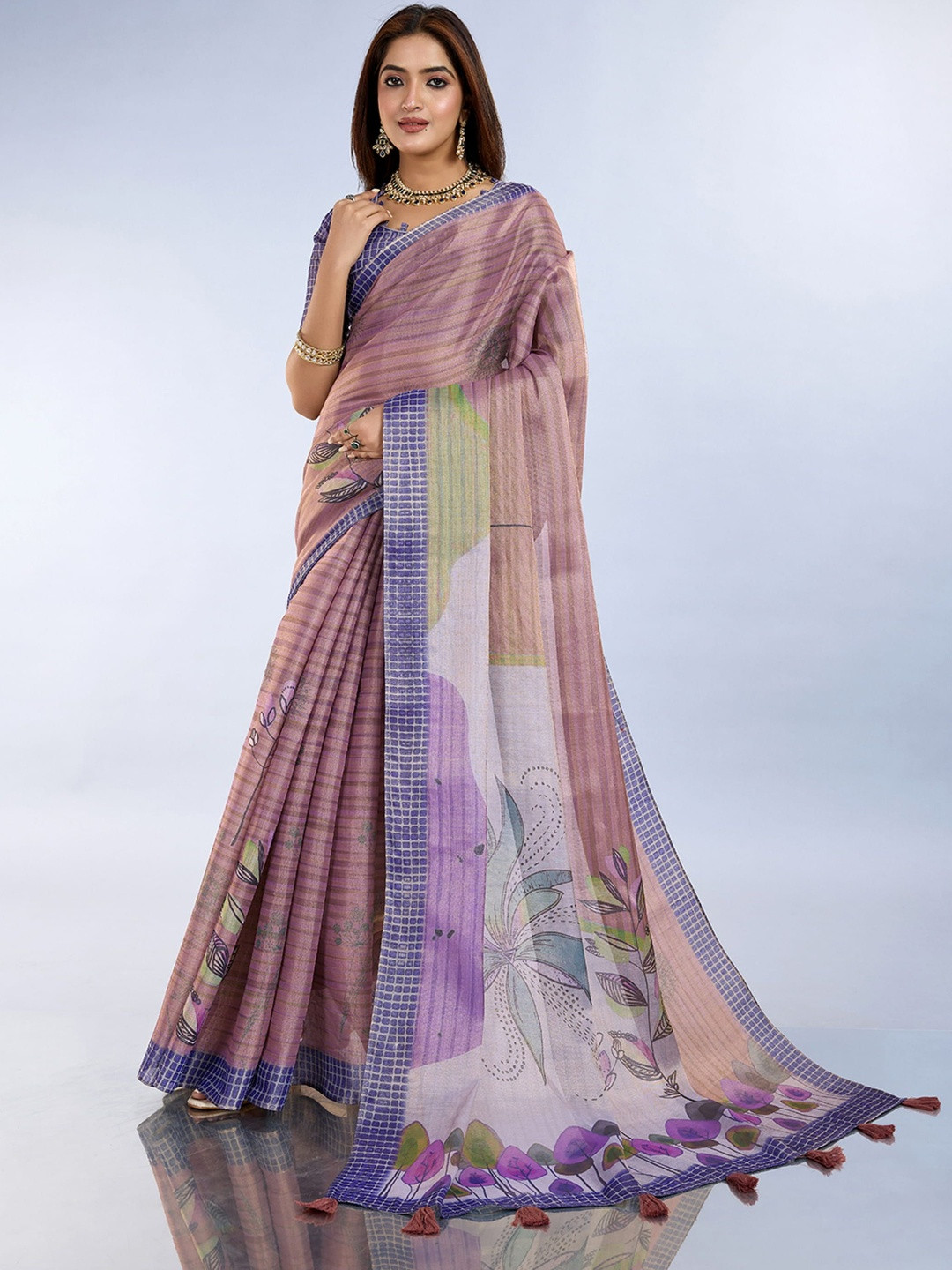 KALINI Pink Printed Art Silk Block Print Sarees