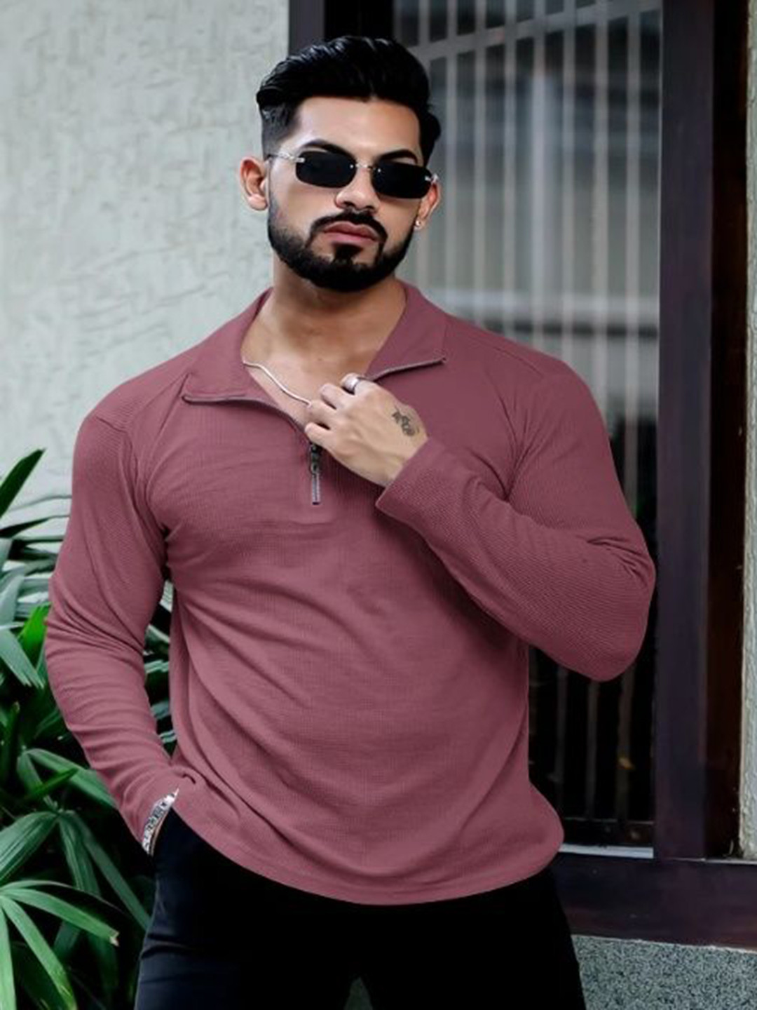 HOODLER Men Solid Polo Collar Cotton T-shirt