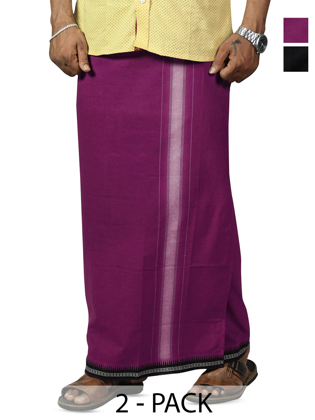 PRAKASAM COTTON Men Selection Of 2 Kerala Style Thalapathi Border Dhoti - 2 mtr