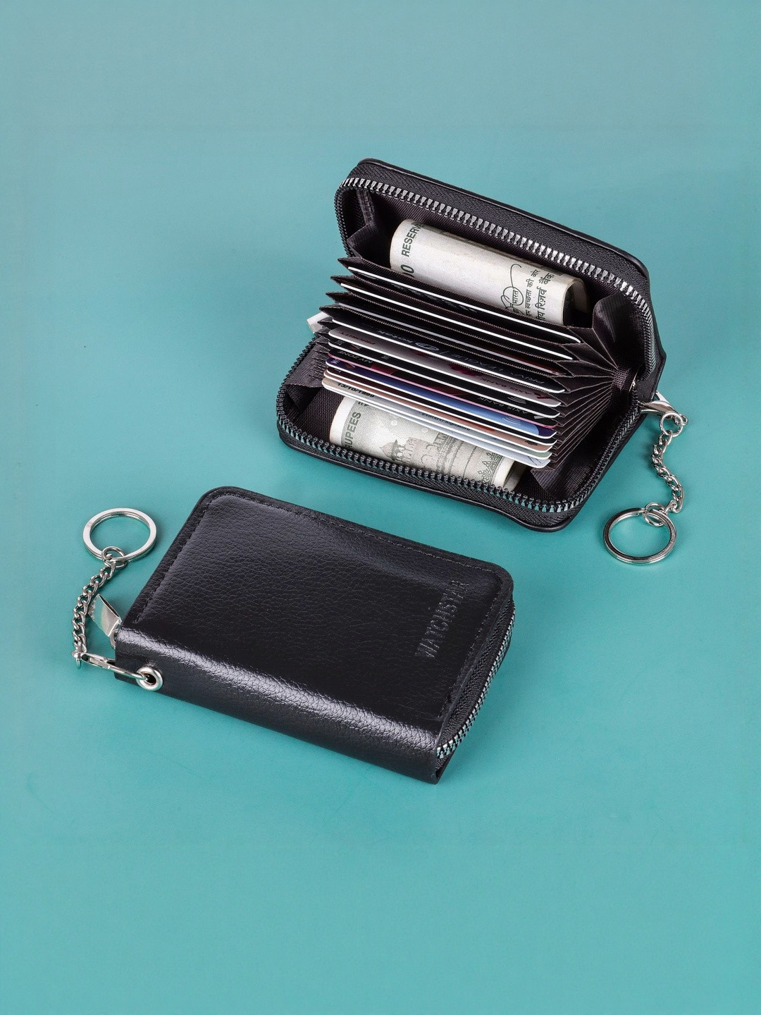 LAKSH Unisex Black Zip Detail Leather Credit Card Holder Wallet