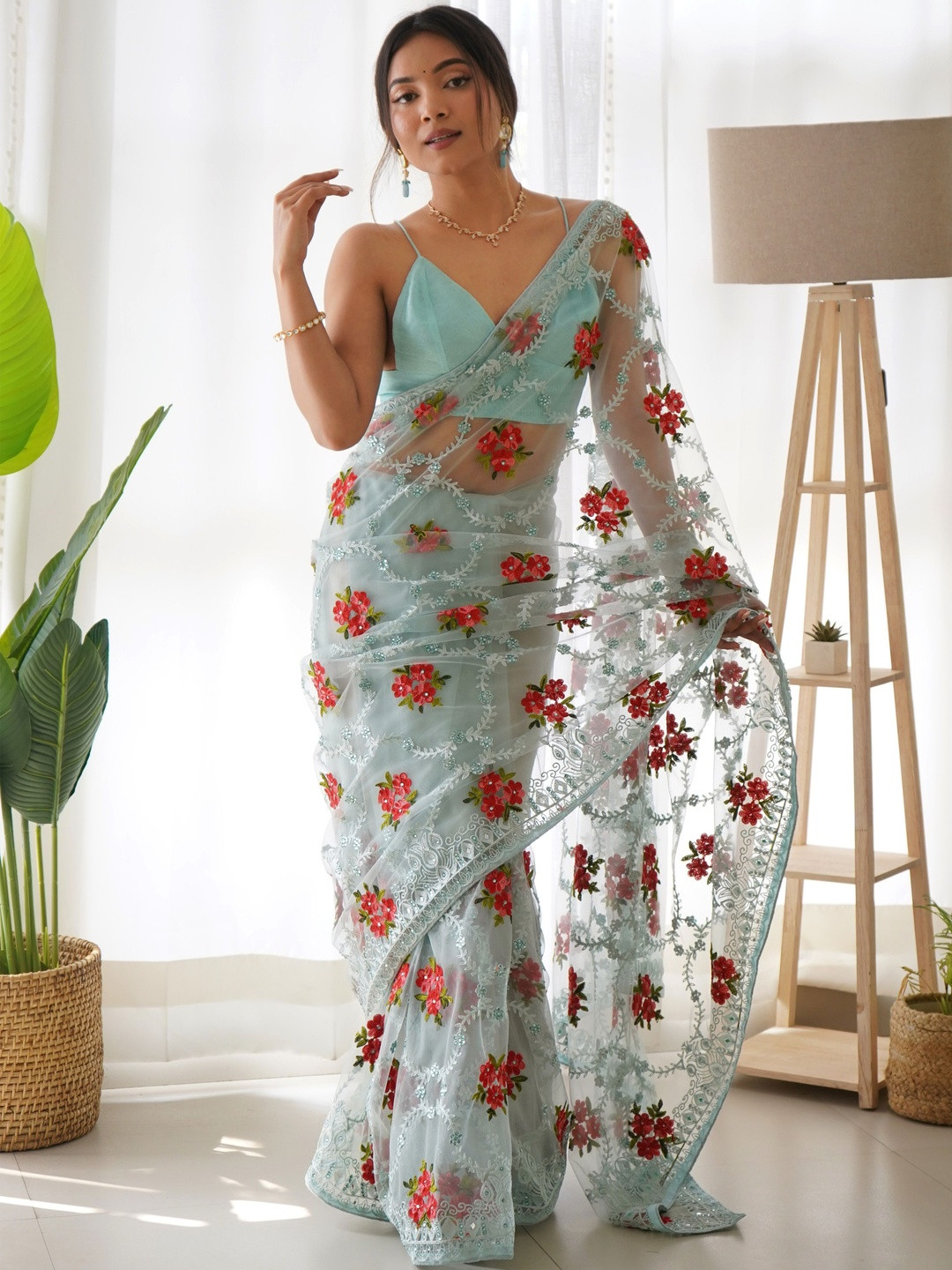 Anouk Blue Embroidered Net  Sarees
