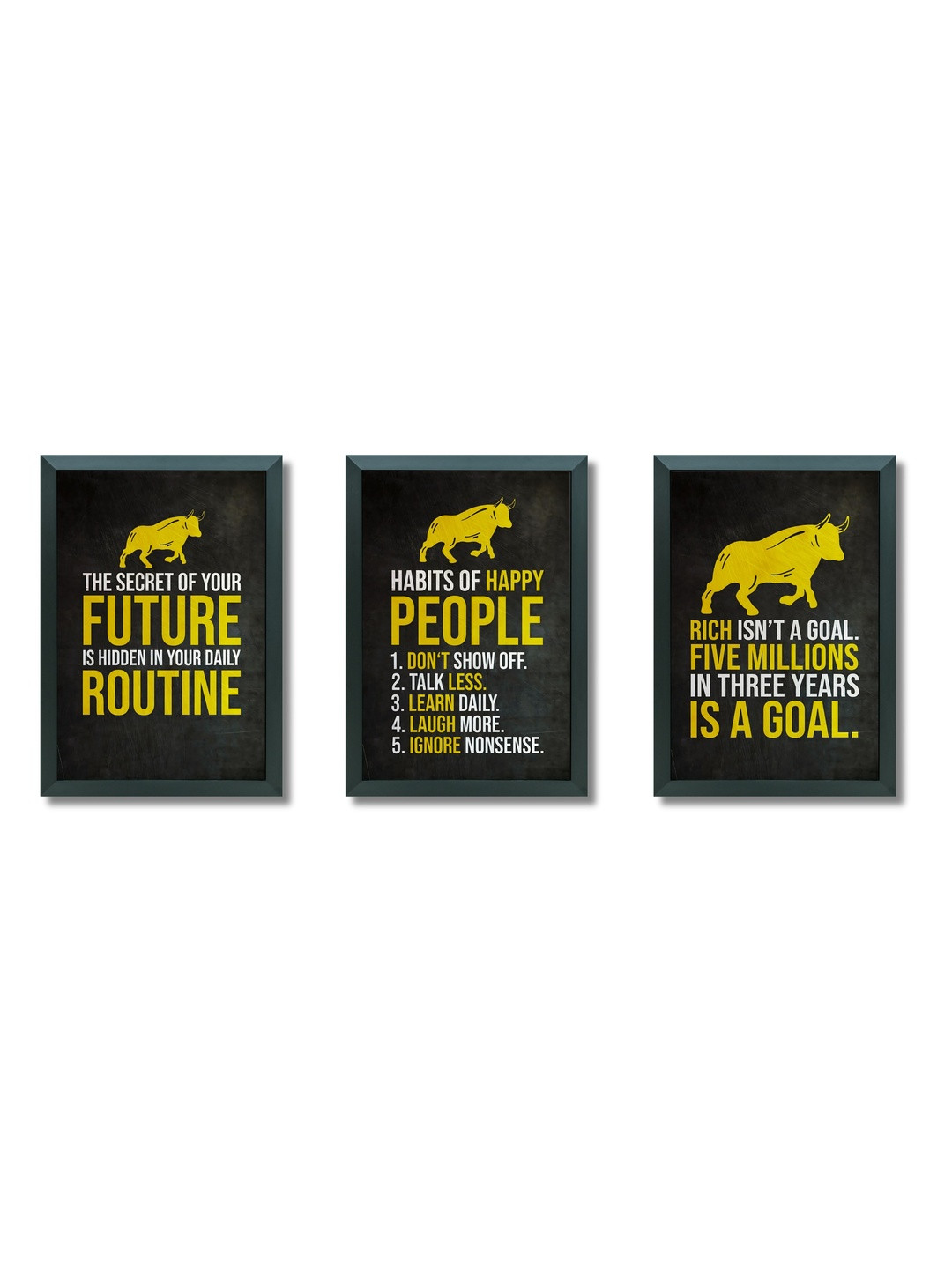 Aisha Decorz Black & Yellow Set of 3 Wood Wall Paintings